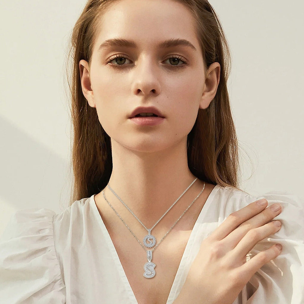 Pave letter initial necklace set | White Gold