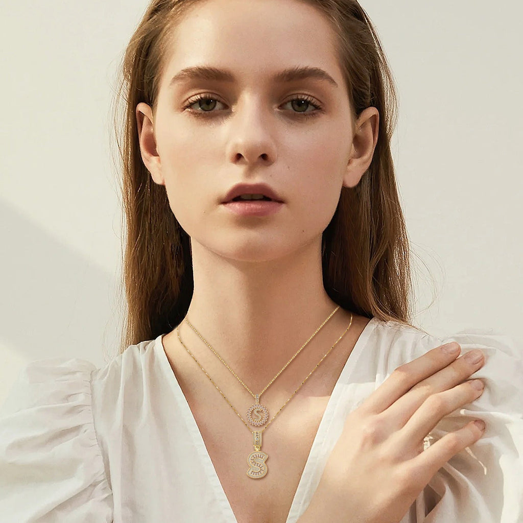 Pave letter initial necklace set | Gold